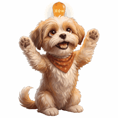 The Aha Math puppy celebrating with a lightbulb above his head